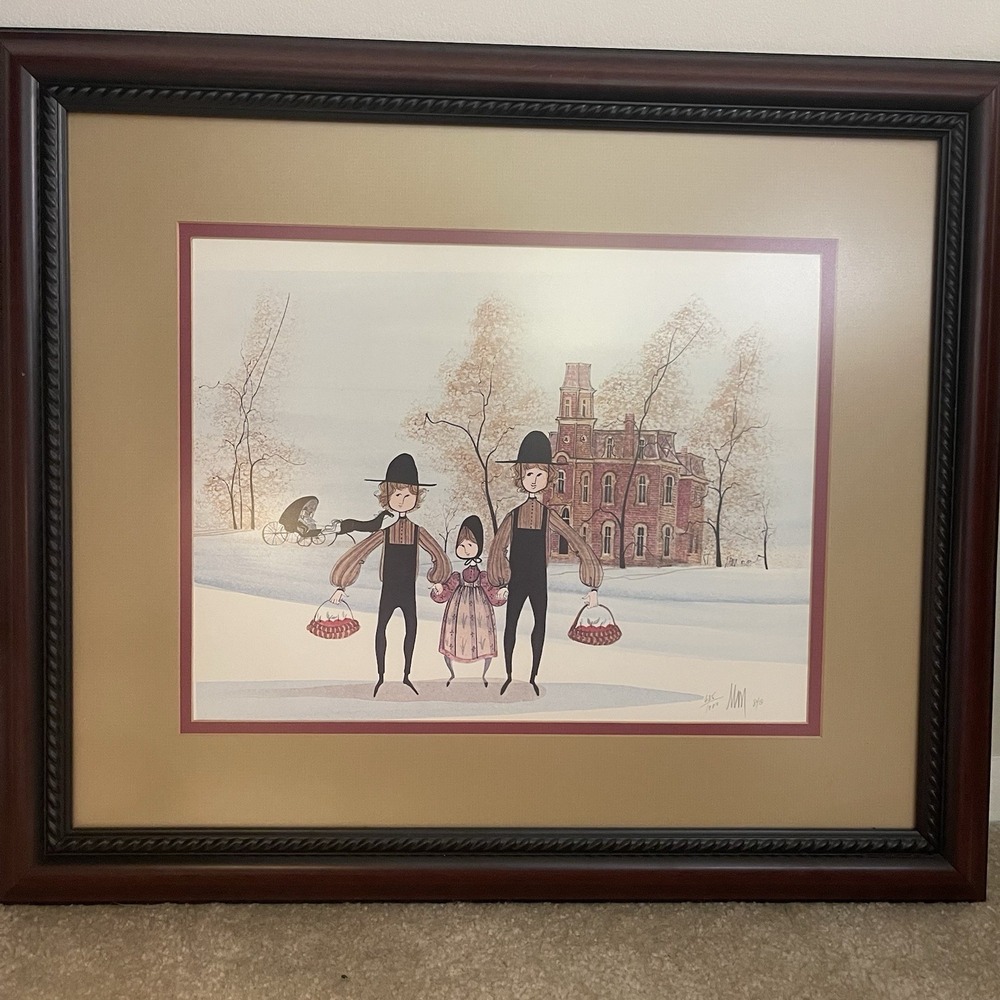 P Buckley Moss Lithograph SIGNED 685/1000  Amish Children 25.5x21.75 Framed 1984